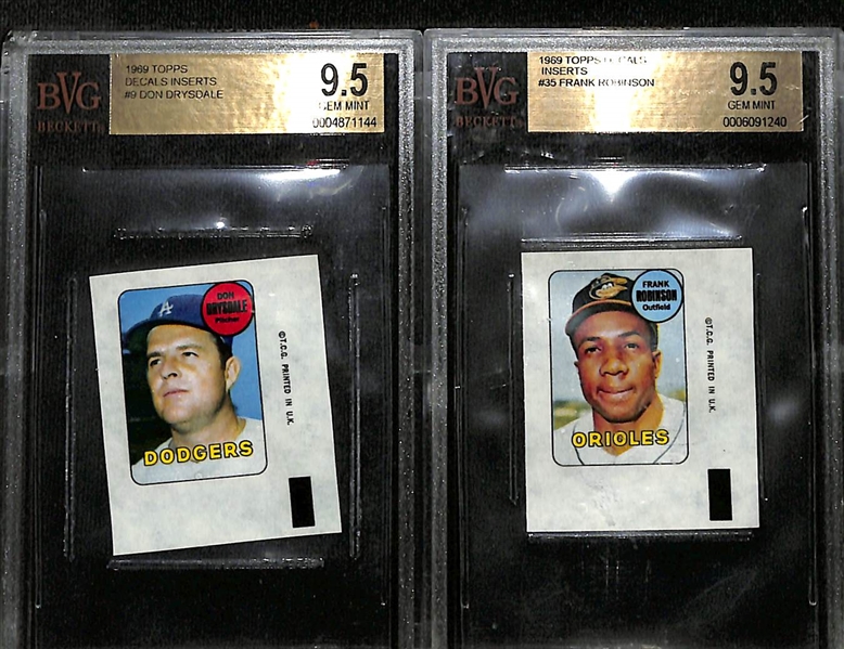 Lot of (2) 1969 Topps Decals - Drysdale & F. Robinson - Both BVG 9.5